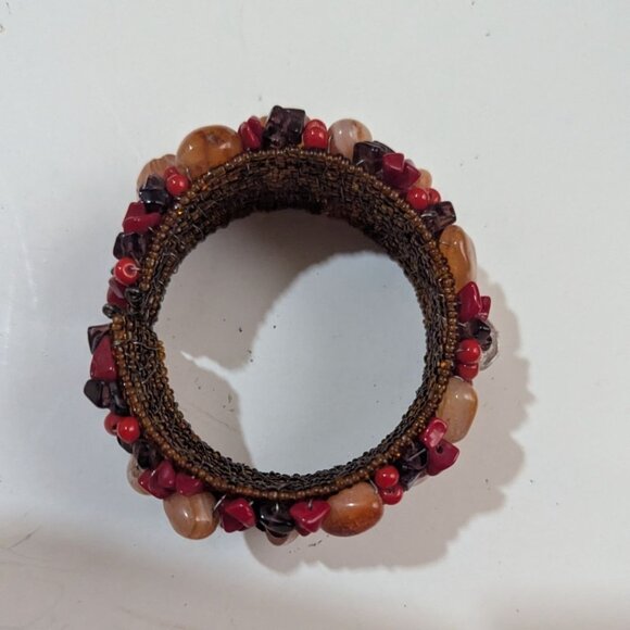 Red & Orange Gemstone Beads Clamp Bracelet Woven Boho Style Handmade Adjustable - Picture 3 of 5